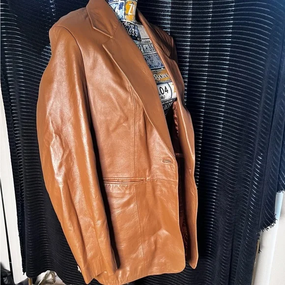 Denim&Co Genuine Leather Blazer Jacket - Medium, Caramel - Picture 3 of 8